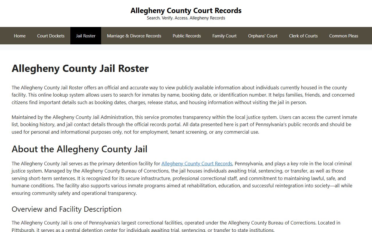 Allegheny County inmate population jail roster search page