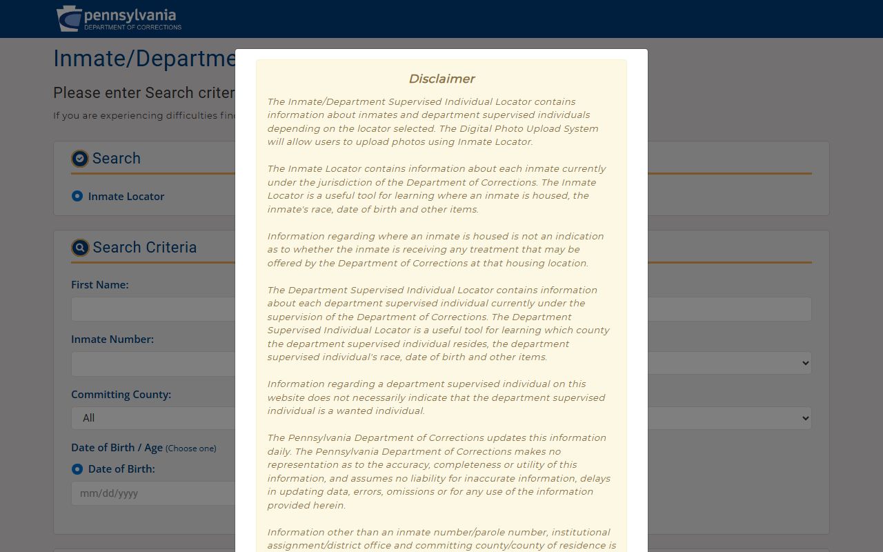 Bedford County inmate population PA inmate locator search filtered by Bedford County