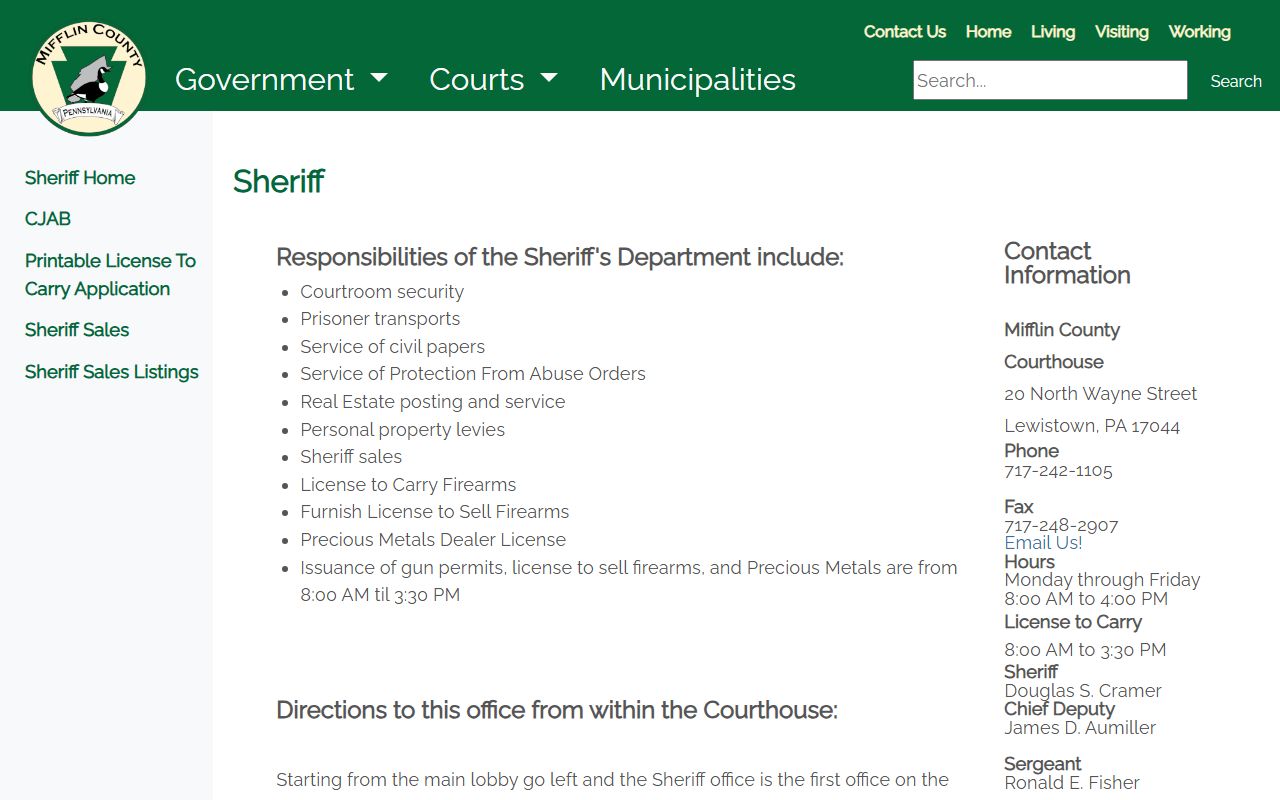 Mifflin County Sheriff Office website for inmate population warrant and custody information