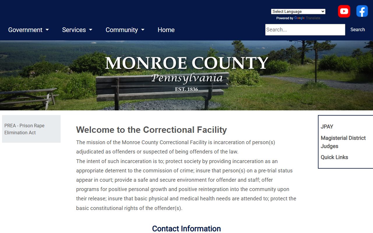 Monroe County Correctional Facility website showing inmate population information in Stroudsburg