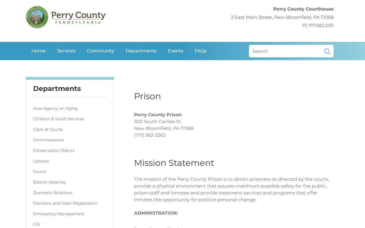 Perry County Prison official website page for Perry County inmate population records