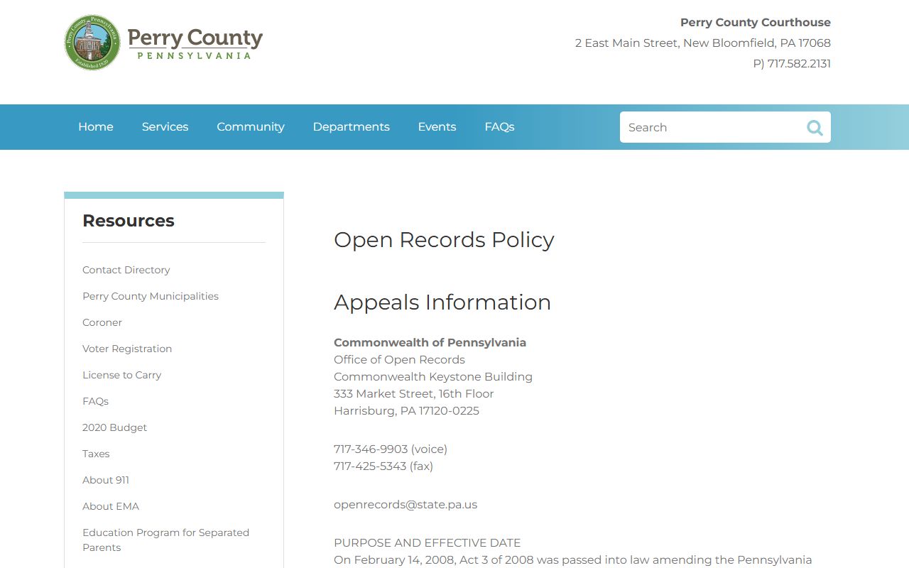 Perry County Right-to-Know open records portal for inmate population public records