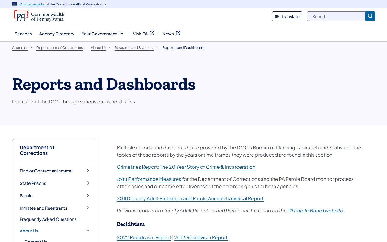 Pennsylvania DOC reports and dashboards page showing inmate population statistics