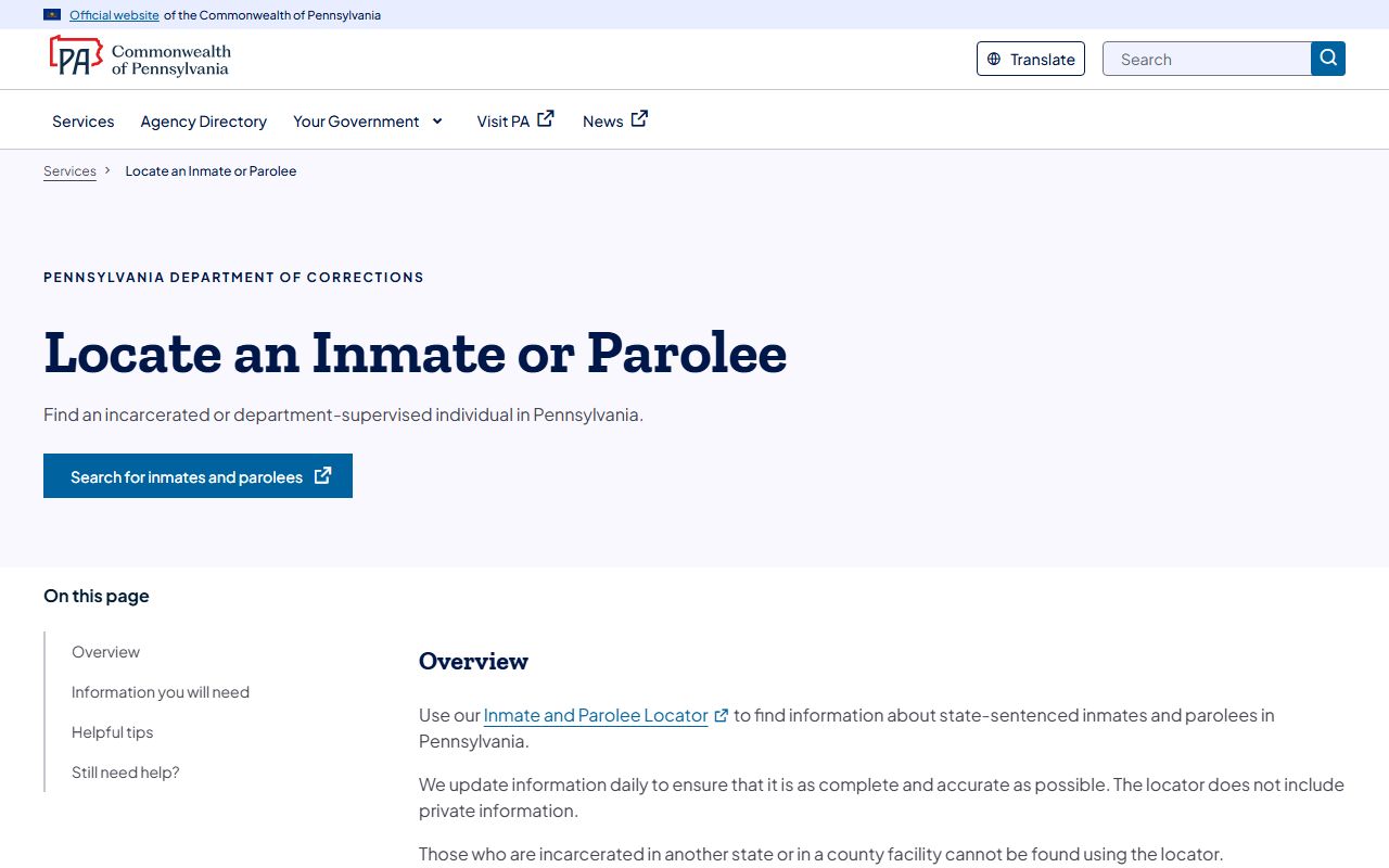 PADOC direct inmate locator portal with search filters for Pennsylvania inmate population records