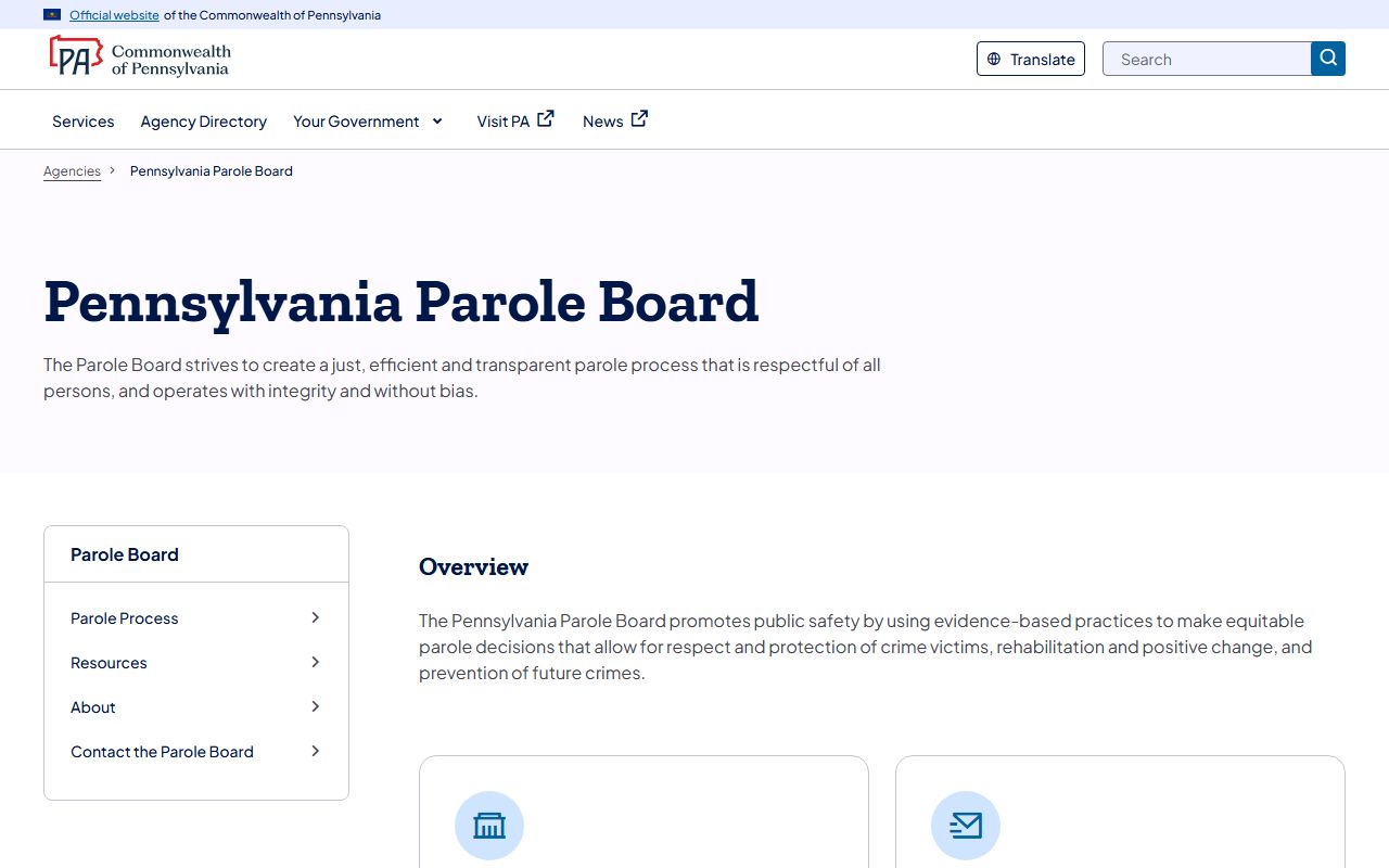 Pennsylvania Board of Probation and Parole website for parole records and parolee locator
