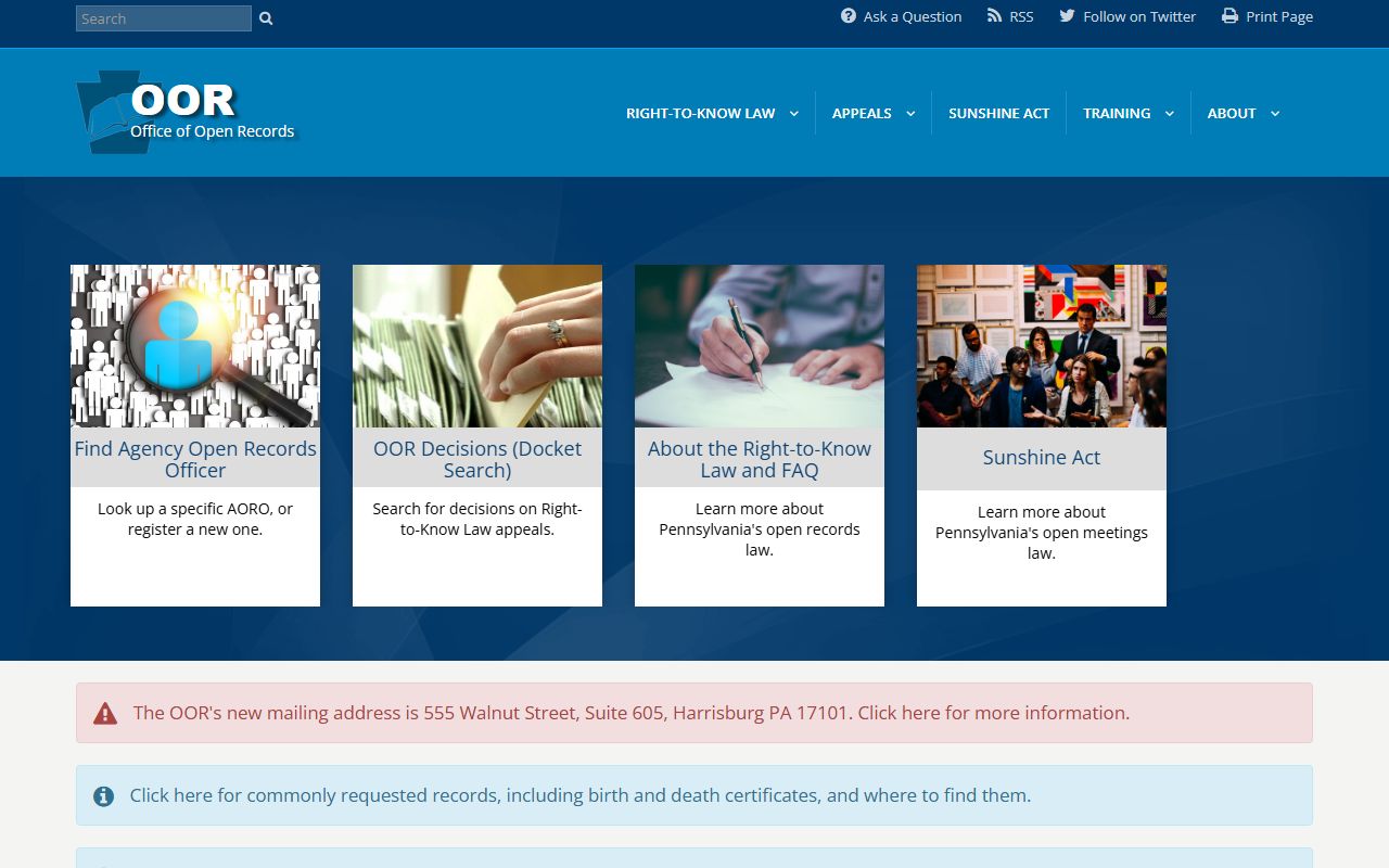 Pennsylvania Office of Open Records homepage for right-to-know law requests