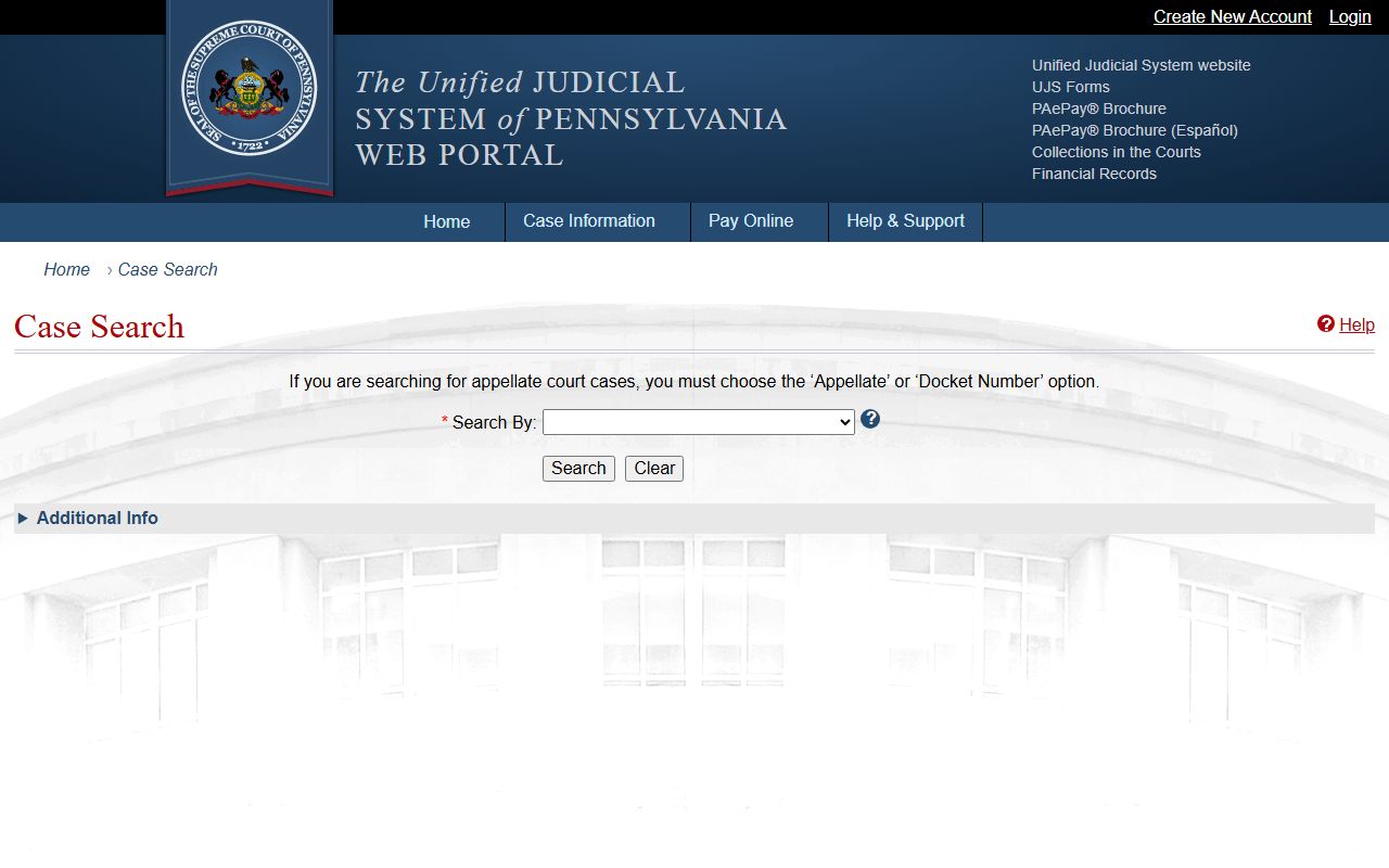 Pennsylvania UJS case search portal for court records related to inmate population